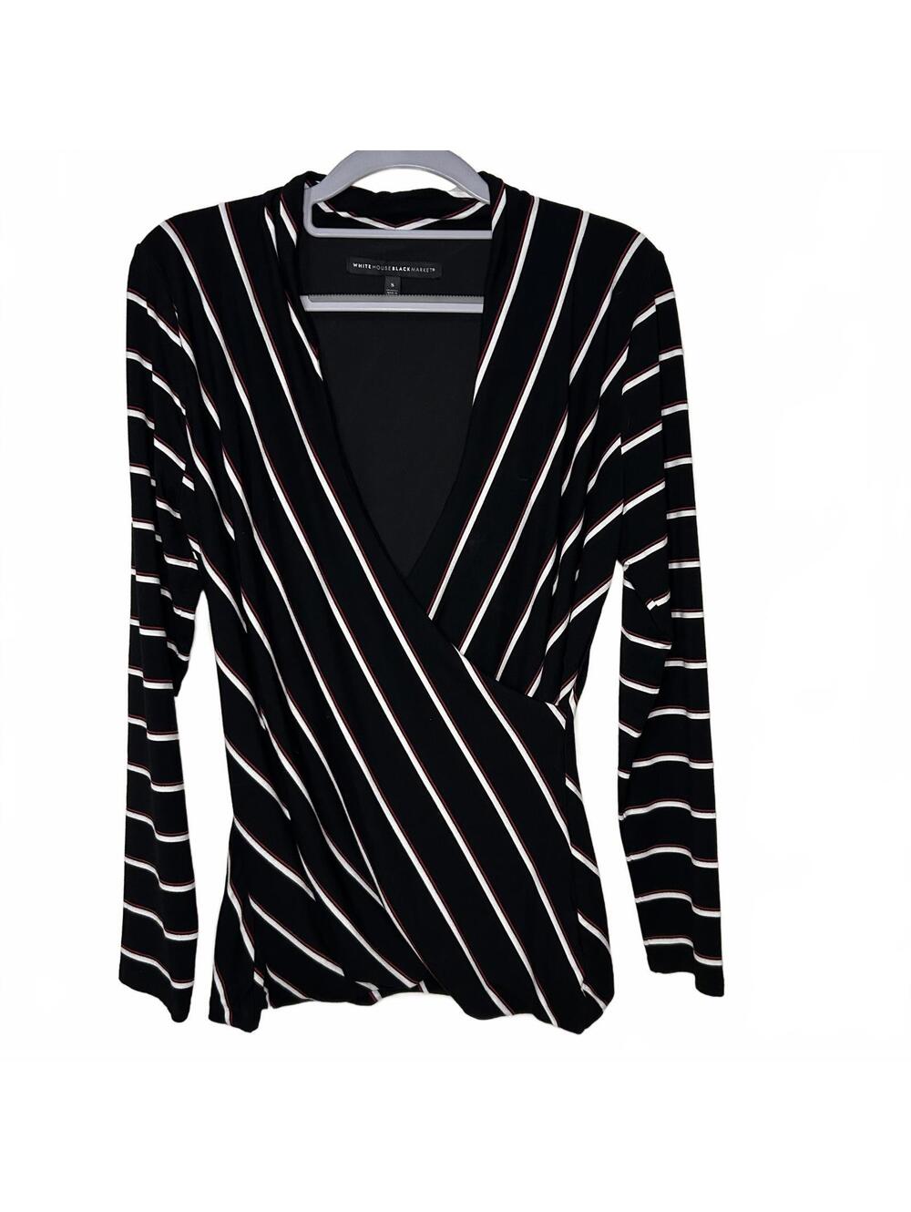 WHBM Blouse Black Striped Surplice Top Women S Long Sleeve